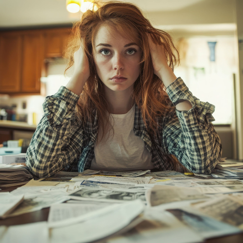 Red-haired young woman looking frazzled and overwhelmed with lots of papers on the table in front of her.